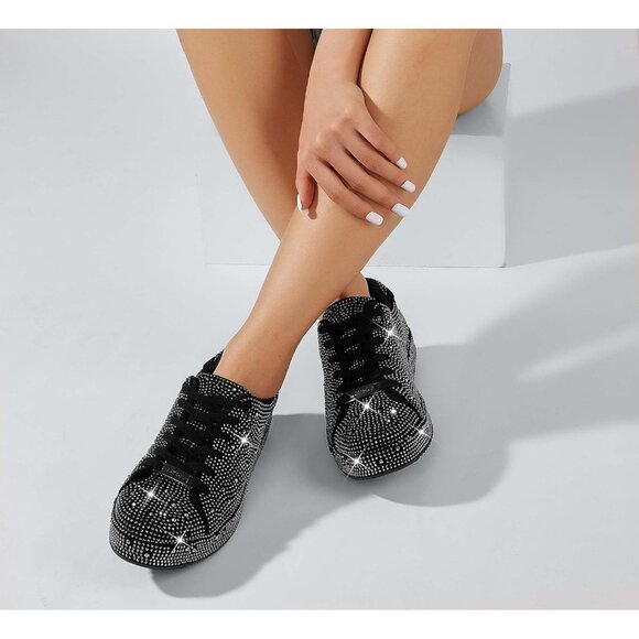 Women's Black Pewter Rhinestone Fashion Glitter Sneakers Sparkly Shiny Shoes - Picture 8 of 9